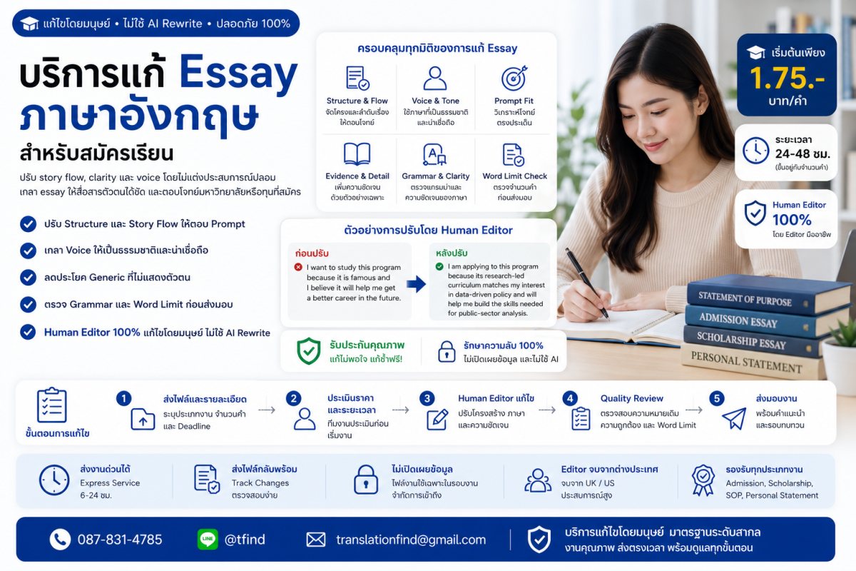 ภาพประกอบบริการแก้ Essay ภาษาอังกฤษสำหรับสมัครเรียนและทุนต่างประเทศ